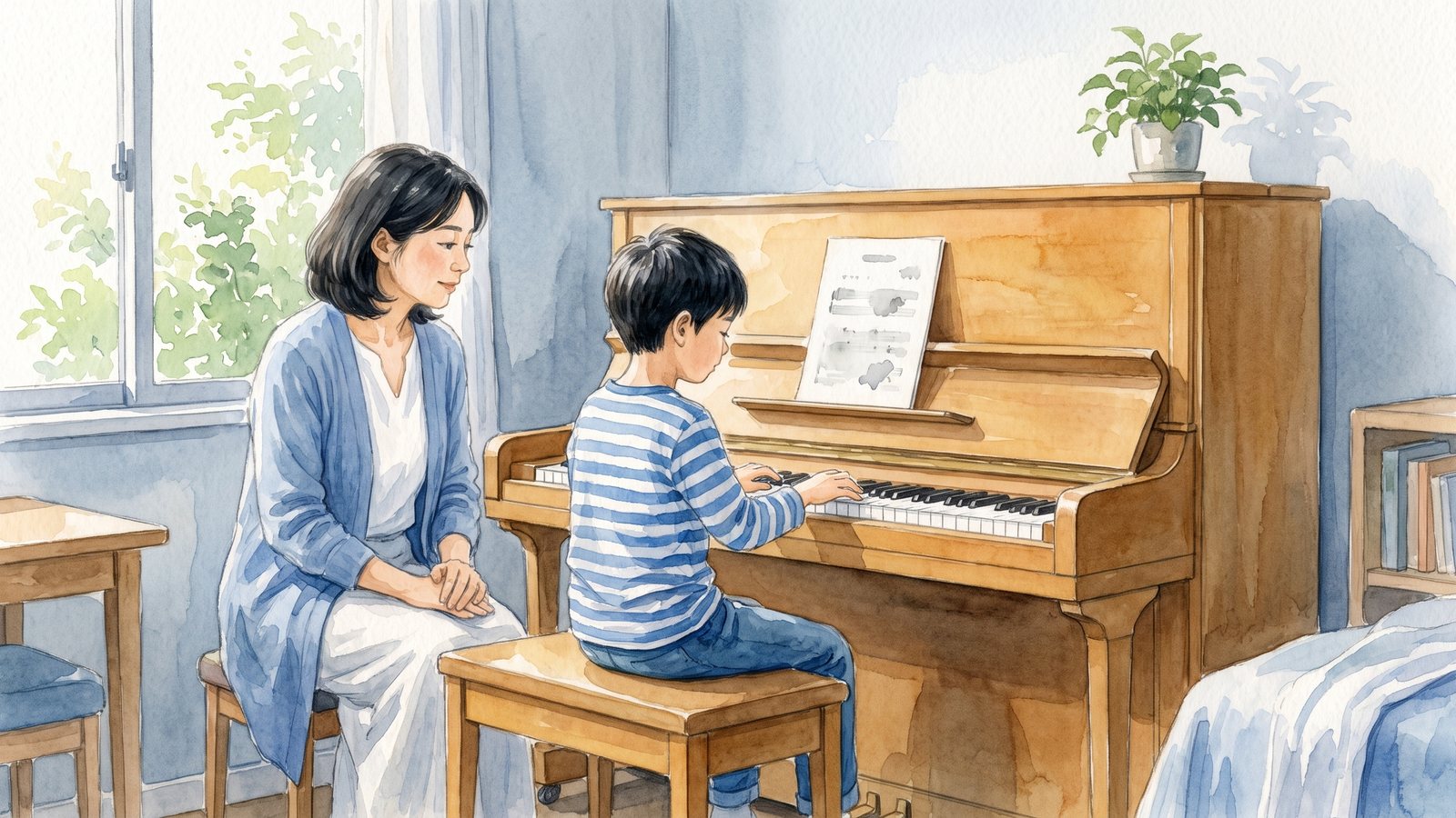 A piano teacher listening as a young student prepares exam repertoire in Tokyo.