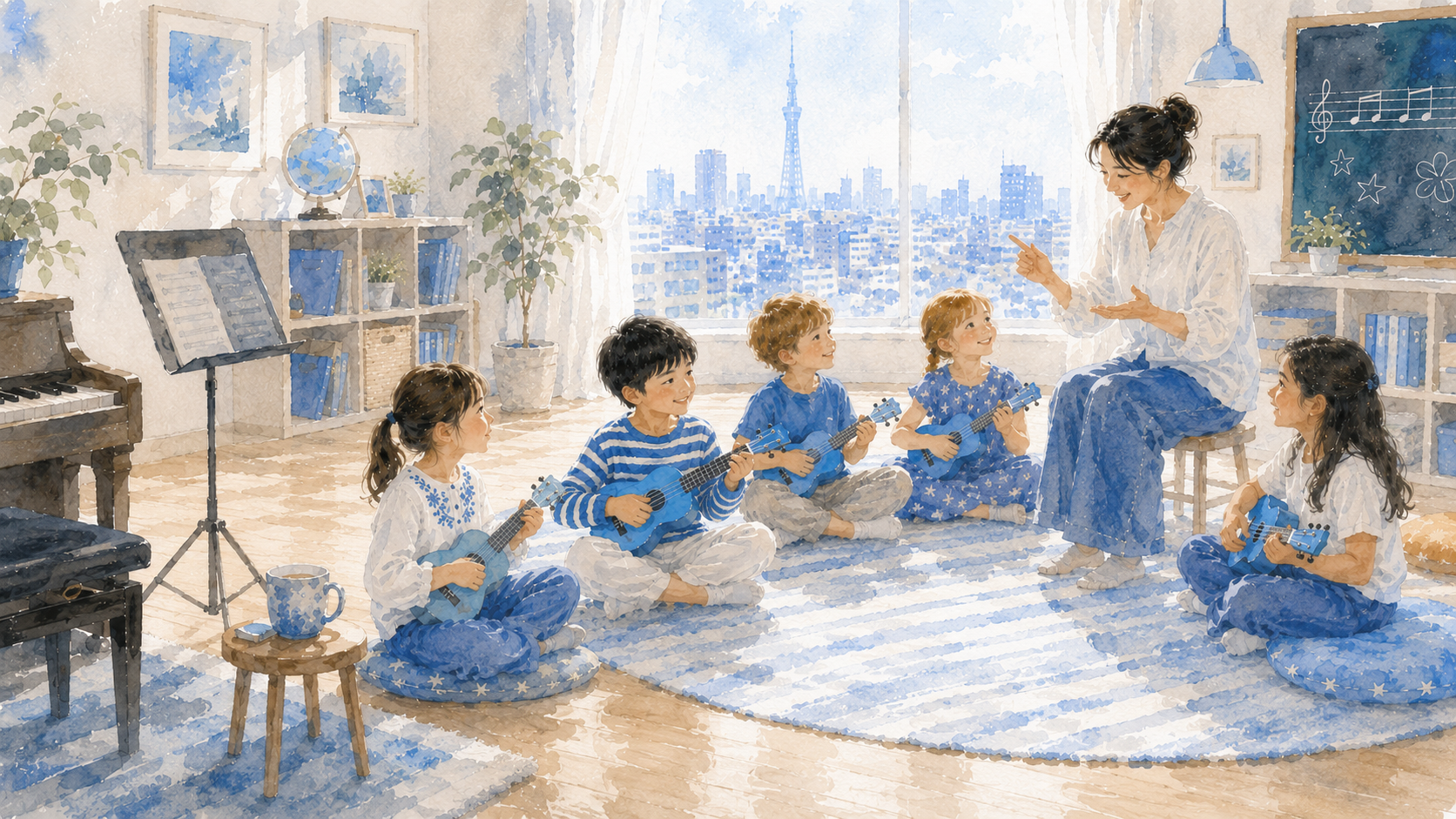 A warm classroom scene combining a small children's group ukulele class and a private-lesson corner, watercolor style.