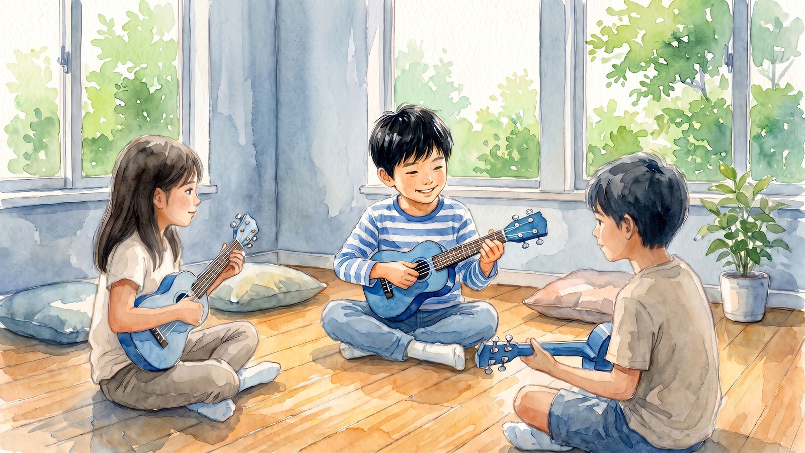 Three children playing ukulele together on the floor of a Tokyo afterschool music class.