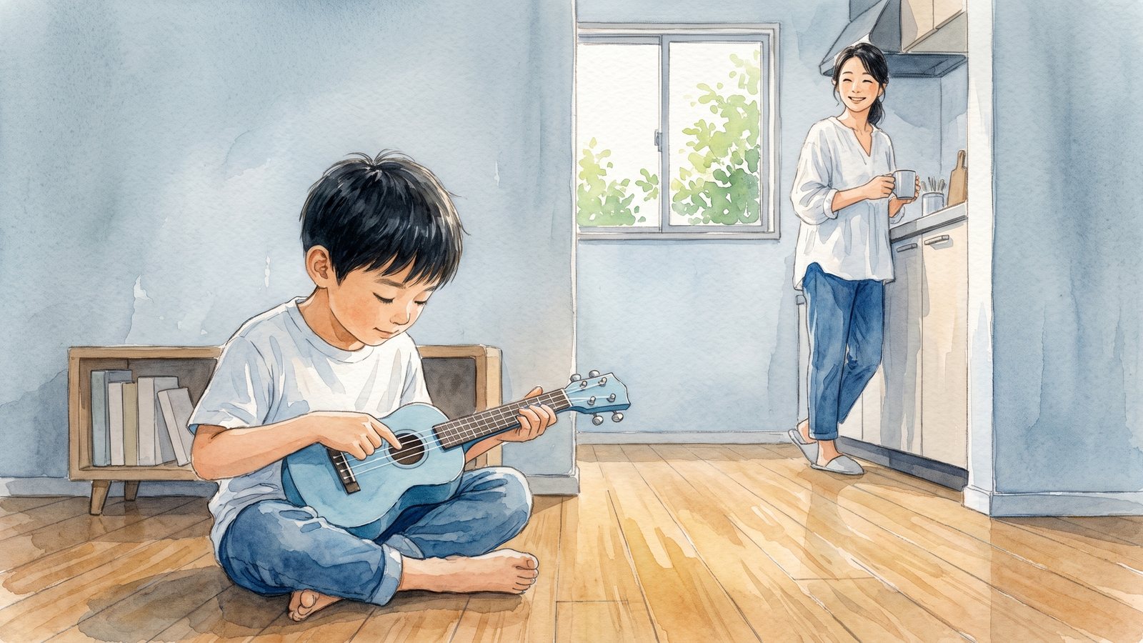 A young boy in a Tokyo apartment picking out a note on a small ukulele by himself while his mother watches from the kitchen.